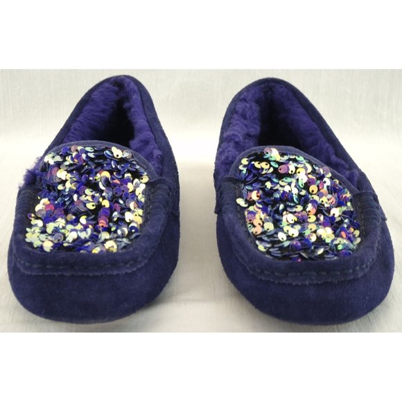 EUC UGG Ansley Stellar Sequin Suede Slip-on Slippers | Moccasin, Navy, Sz. 6 - Picture 4 of 8